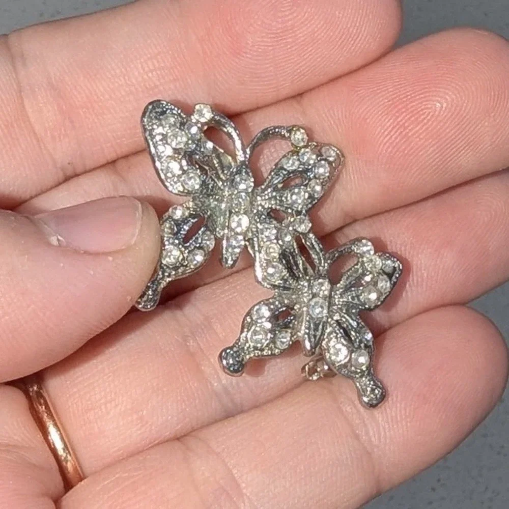 Vintage Double Butterfly Brooch Silver Rhinestone Vintage Style Pin